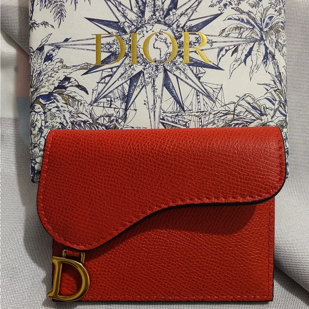 Dior Red Grained Leather Saddle Card Case with Gold 'D' Charm